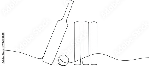 Cricket bat ball and wickets continuous line drawing