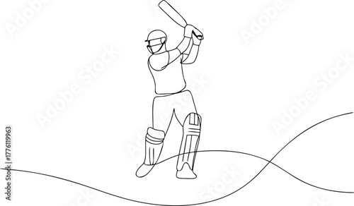 Cricket player in batting stance one line drawing sport
