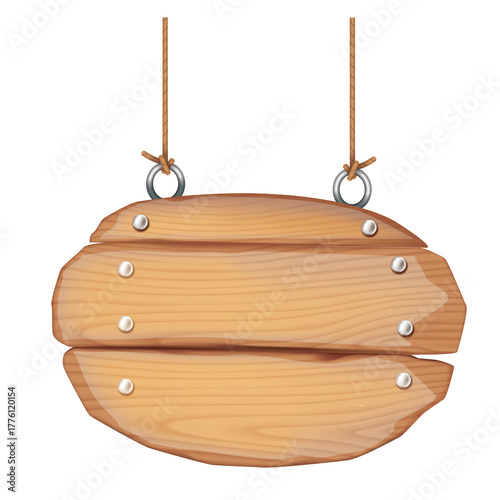 Rustic Wooden Signboard Hanging By Rope With Metal Eyelets And Silver Rivets Against A White Background With No Text