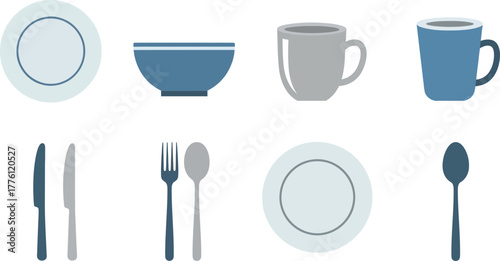 Collection of dinnerware and utensils including plates bowls mugs forks knives and spoons isolated on transparent background