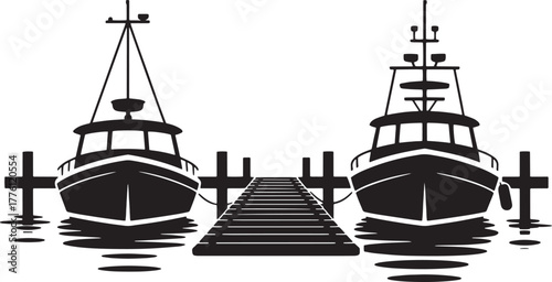 Dockside Silhouette Scenery: Two Boats Moored at Pier Black and White Vector Design