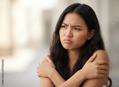 A young Asian woman with a concerned and displeased expression crosses her arms, looking away. This image conveys feelings of discomfort, coldness, disappointment, or skepticism. Free Download A young Asian woman with a concerned and displeased expression crosses her arms, looking away. This image conveys feelings of discomfort, coldness, disappointment, or skepticism. - GFXLoad