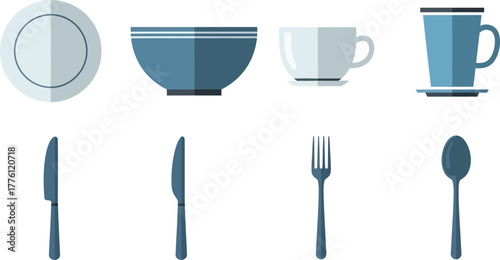 Collection of kitchen utensils and tableware items including plates bowls mugs and cutlery isolated on transparent background