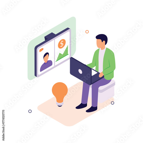 Isometric businessman attending an online business meeting