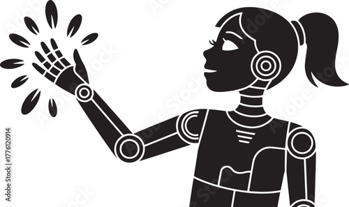 Futuristic Female Robot Girl with Ponytail and Radiating Hand on Transparent Backdrop