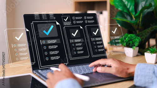 Businessman showing online document validation icon, quality assessment management With a checklist, business document evaluation process, market data report analysis and consulting.