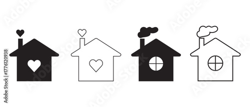 Collection home icons. House symbol. Set of real estate objects and houses black icons isolated on white background. Vector illustration.