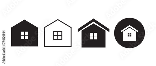 Collection home icons. House symbol. Set of real estate objects and houses black icons isolated on white background. Vector illustration.