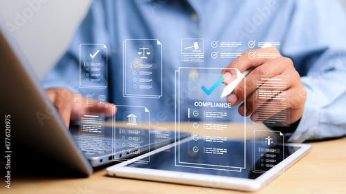 Compliance in business concept. Laws concept. Enforce laws, regulations and standards. requirements, audit diagram on virtual screen.
