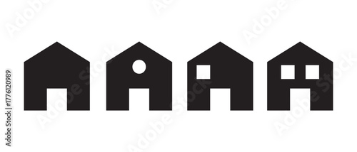 Collection home icons. House symbol. Set of real estate objects and houses black icons isolated on white background. Vector illustration.