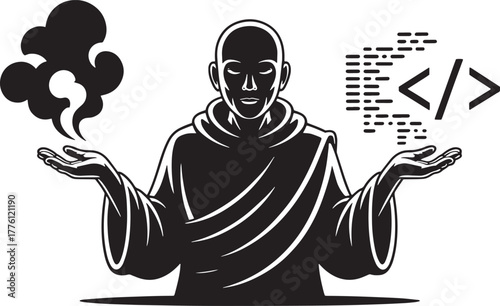 Monk Combining Code and Mind Spiritual Connection Eastern Wisdom Vector Illustration