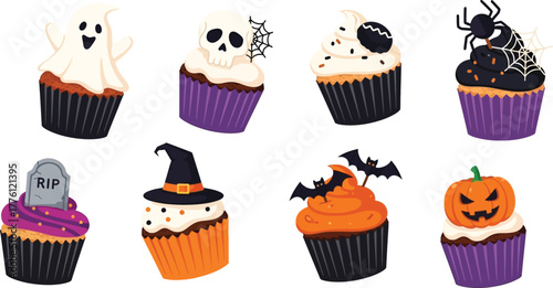 Festive halloween cupcakes with spooky decorations for celebrations and parties isolated on transparent background