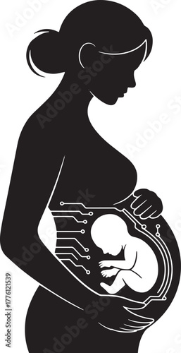 Pregnant Woman Silhouette with Futuristic Technology Fetus Conceptual Motherhood