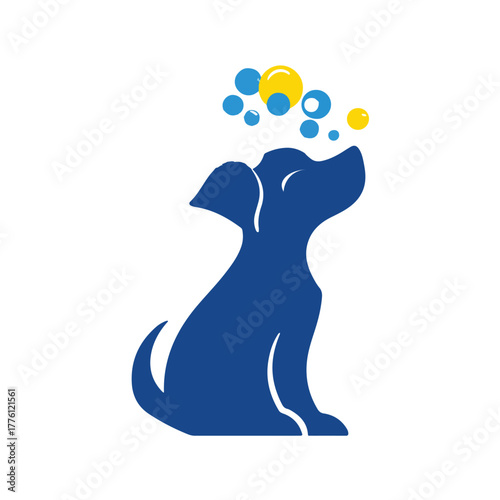 Blue silhouette dog with soap bubbles logo design representing pet grooming care and cleanliness concept suitable for pet shop veterinary clinic or animal wash brand identity