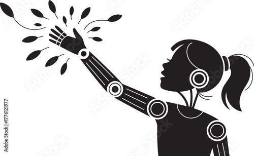 Robot Silhouette Female Touching Leaves Futuristic Technology Nature Connection
