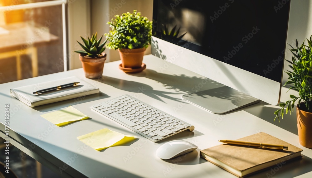 Fototapeta premium Desktop computer with office supplies and potted plants on white table.