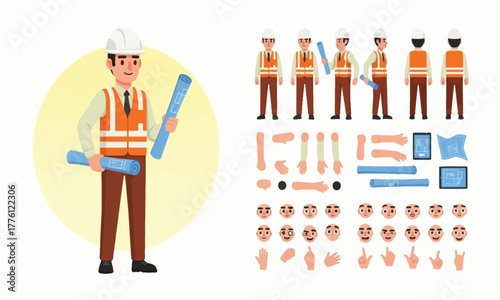 Construction worker character kit with blueprints and safety vest, ready for animation or illustration projects