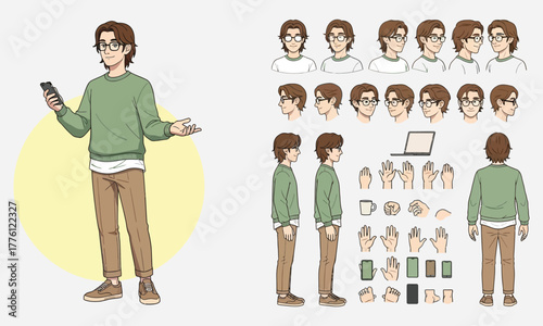 Character design and animation reference sheet for a young man with glasses holding a smartphone, showcasing various poses and expressions