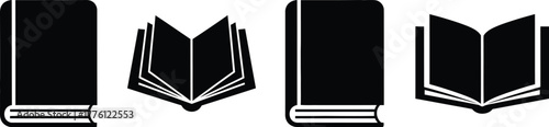 Set of four stylized black icons representing open and closed books for educational or literary themes isolated on transparent background