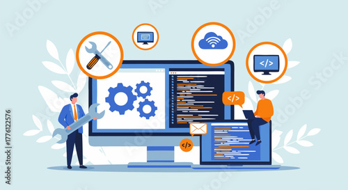 Comprehensive business technology solutions for digital transformation, featuring expert software development and IT support services vector illustration