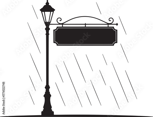 Street lantern with signboard in rain silhouette urban environment design