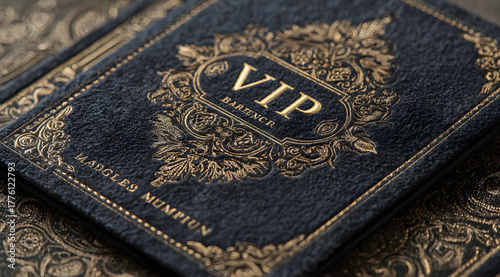 A luxurious VIP membership card displayed on a plush velvet background, emphasizing exclusivity and premium service. elegant gold lettering and intricate designs, highlighting the concept of VIP