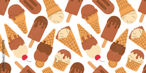 Hand drawn seamless pattern with soft vanilla, scoop of chocolate ice cream, gelato in waffle cone on white background. Wallpaper National Ice Cream Day. Flat Vector illustration EPS10