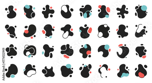 Collection of abstract amoeba-shaped blobs in black with colorful accents, arranged in a grid pattern.