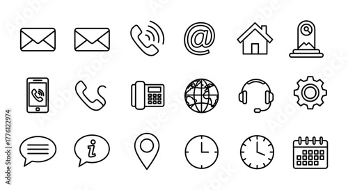 Collection of contact information icons in outline style, including email, phone, address, and calendar.