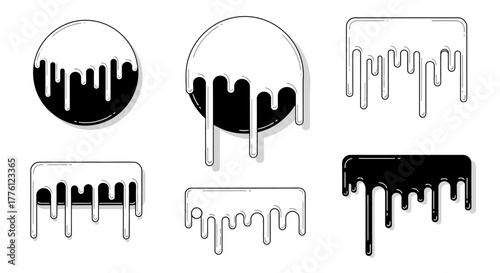 Vector illustration of dripping paint in various shapes, black and white.