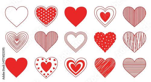 Collection of fifteen different red heart illustrations on white background.