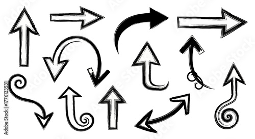 Collection of hand-drawn arrows pointing in various directions, isolated on white.