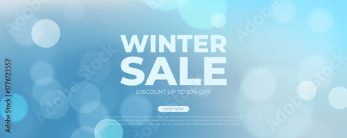 Winter Sale promotional banner. Winter Sale commercial blurred background with bokeh lights for business, seasonal shopping promotion and sale advertising. Vector illustration.