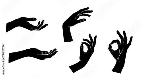 Silhouette illustration of hands in various gestures, including holding, reaching, and making an OK sign.