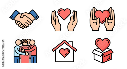 Charity and donation icons: handshake, hands holding heart, group hug, house with heart, heart in box.