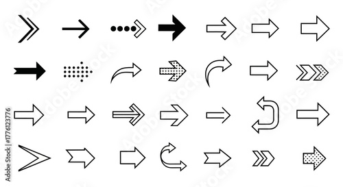 Collection of various arrow designs, pointing right, in black and white.