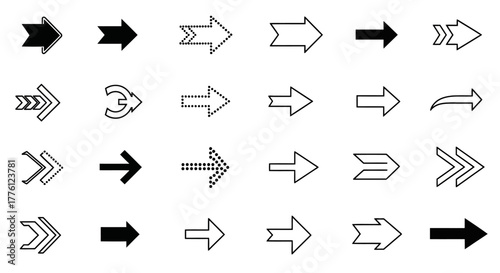 Collection of various arrow designs pointing to the right, in black and white.