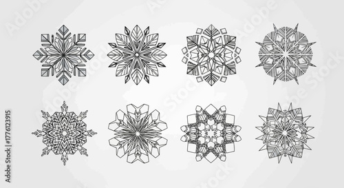 A collection of eight intricate snowflake designs, each with unique geometric patterns and delicate line work, arranged on a light gray background.