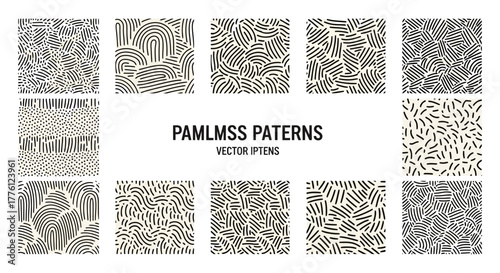 Collection of ten seamless patterns with abstract shapes and lines.