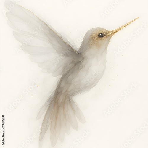 Elegant ethereal hummingbird with delicate golden accents and shimmering glitter detail, capturing a moment of serene flight and natural beauty.