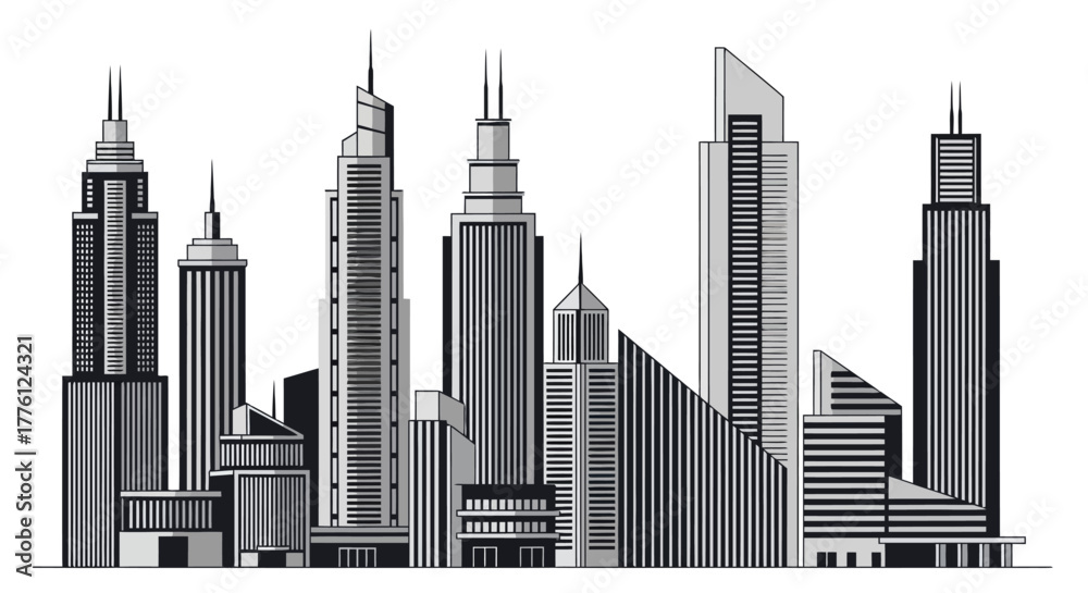 Naklejka premium Monochrome illustration of a cityscape skyline with various skyscrapers and buildings.