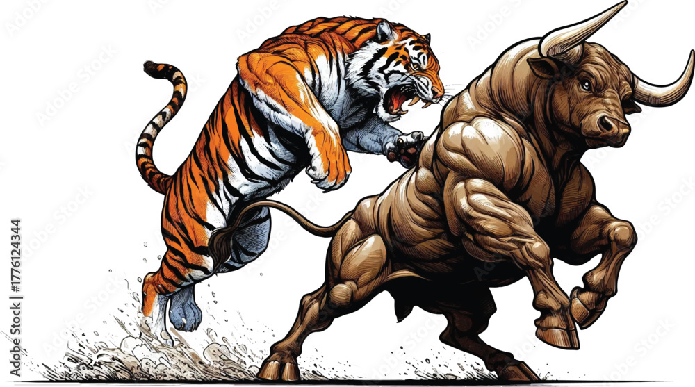 Fototapeta premium Tiger vs Bull