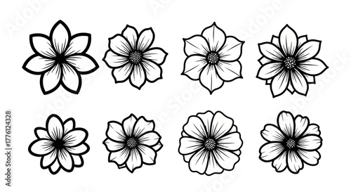 Set of eight different flower illustrations with black outlines and shading on a white background.