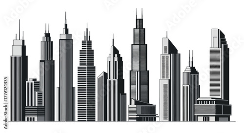 Illustration of a row of various skyscrapers and tall buildings in a city skyline.