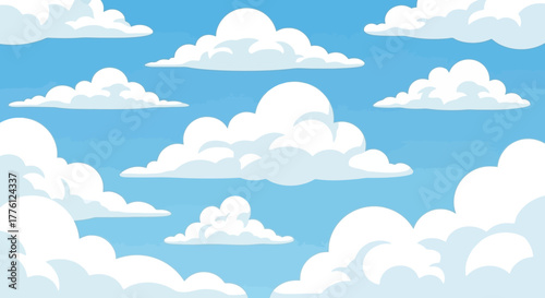 Cartoon sky with fluffy white clouds on a bright blue background.
