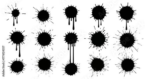 Collection of black ink splatters and blots with dripping paint, isolated on white background, for artistic design elements.