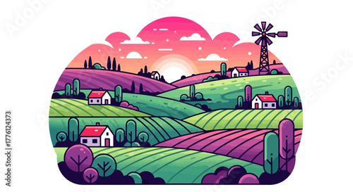 Colorful cartoon illustration of a rural landscape with fields, houses, and a windmill under a vibrant sunset.
