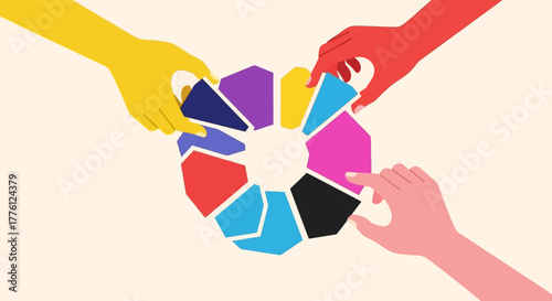 Hands assembling colorful puzzle pieces into a circle, teamwork concept.