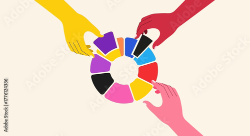 Hands of different colors assembling a colorful pie chart, symbolizing teamwork and collaboration.
