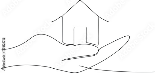 Single line drawing of a house resting on an open hand